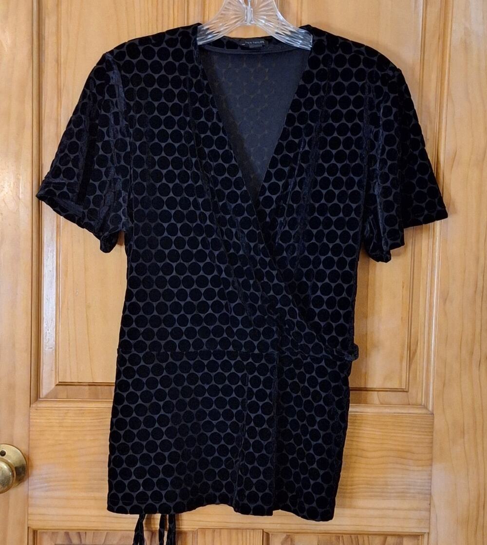 Ann Taylor Shirt Women's Large Black Velvet Polka Dot Faux Wrap CuteGoth Goth